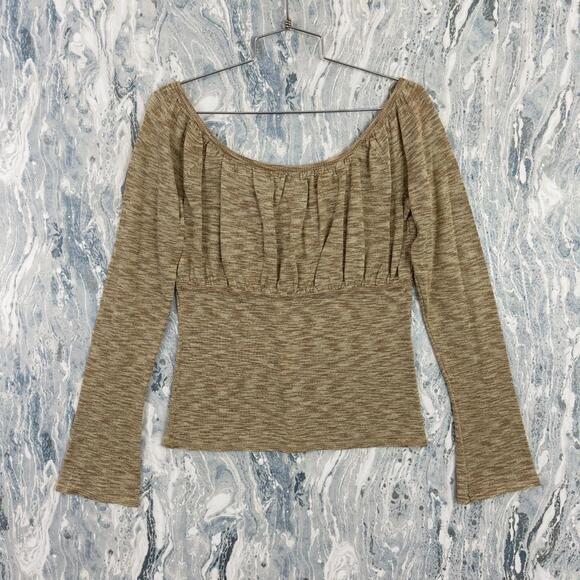 Fairy Boho Cottage Preppy Gold Tan Ribbed Long Sleeve Top (S) - Picture 7 of 7